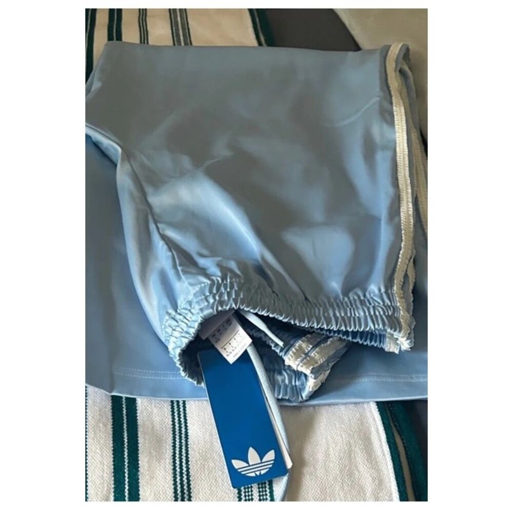 NWT - adidas Track Pant Satin Bottoms Baby Blue White Ruffle Stripes - Picture 8 of 9
